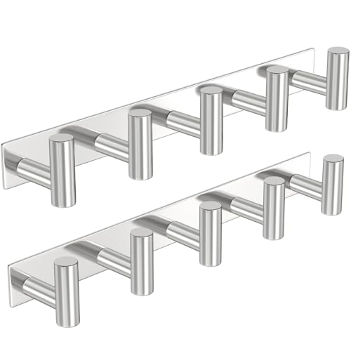 Image of PMMASTO Coat Rack Wall Mounted, 5 inchT Shaped Wall Hooks for Hanging, Heavy Duty Stainless Steel Coat Hook Rail for Hat Towel Robes in Bathroom Kitchen Mudroom Entryway (Silver, 2 Pack)