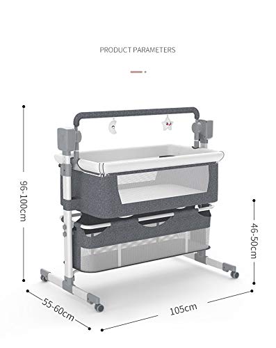 Diagram showing the dimensions of the StarAndDaisy EC1 cradle cot: height 96-100cm, width 55-60cm, length 105cm, and mattress height 46-50cm.