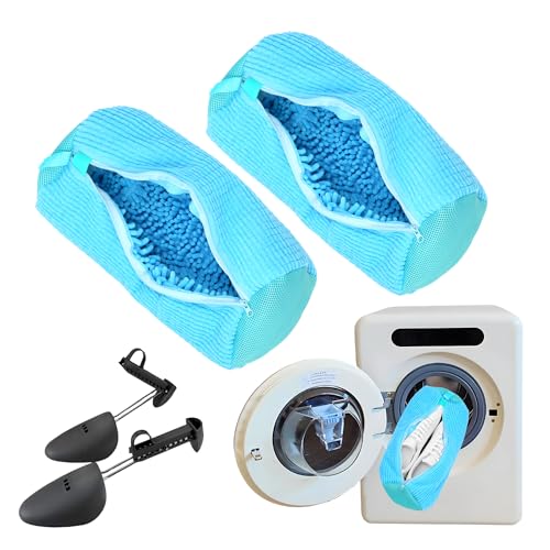 2 Pcs Shoe Washing Machine Bag,Reusable Laundry Shoe Washing Bag for Washer and Dryer,Shoe Cleaning Bag for Sneakers,Boots & Delicate Footwear,Include Pair of Adjustable Shoe Trees(Blue)
