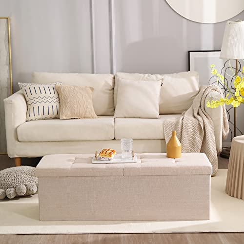 Image of Storage Ottoman Bench Foldable Footrest Foot Stool, 45 inch Fabric Cream | Small Ottoman Foot Rest Seat Shoe Bench Flip-Top forliving Room End of Bed Bedroom Couch Dorm 166L Folding Upholstered Chair