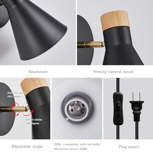 Image of Wall Sconce Set of 2, Wall Sconce with Metal Shade, Plug Switch, Indoor Decor Wall Mount Swing Arm Lamp for Bedroom,Hallway,Living Room,Reading, Black