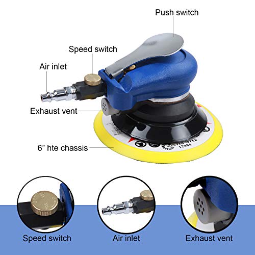 Yelway 6" Air Palm Random Orbital Sander, Dual Action Pneumatic Polisher Speed Adjustable Grinding Sanding W/Pad #TOP1