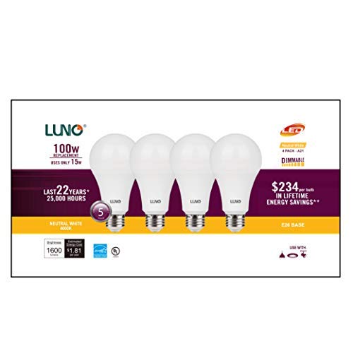 Luno A21 Dimmable Led Bulb, 15W (100W Equivalent), 1600 Lumens, 4000K (Neutral White), Medium Base (E26), Ul & Energy Star (4-Pack) #TOP1