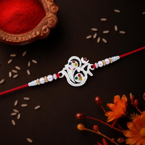 Image of Oblivion Rakhi For Brother - Elegant Stylish God Designer Rakhi with Beads and Silver Colour Pooja Coin, Tilak Set & Greeting Card - Traditional Raksha Bandhan Combo for Bhai