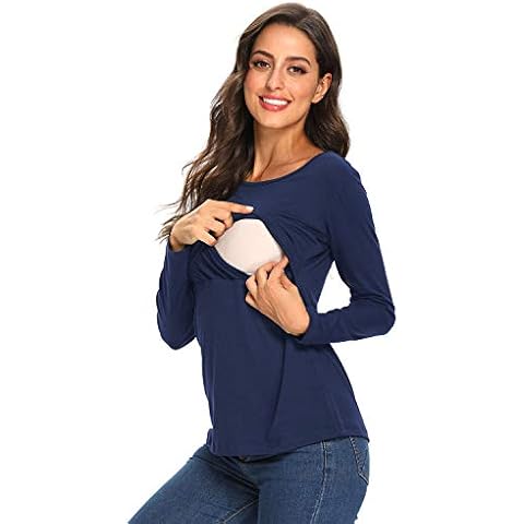 L PATTERN Women's Maternity Nursing Tops Long Sleeve Round Neck Casual Clothes Breastfeeding Shirt Navy Blue Cover
