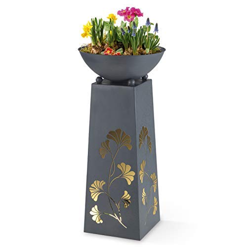 Hoberg LED Pflanzsäule Gingkoblätter-Design in Beton-Optik | Abnehmbare Pflanzschale (Ø 34cm) In- und Outdoor geeignet | Integrierte Beleuchtung, 6h Timer, Kabellos | [23 x 23 x 70 cm]