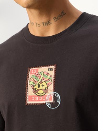 Image of The Souled Store S.W.Smiley: Happy Desi Men and Boys Short Sleeve Round Neck Charcoal Grey Embroidered Cotton Relaxed Fit Breathable Summer Streetwear Graphic Print Indian Styled T-Shirts