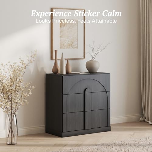 Image of BELLEZE Sideboard Cabinet with 3 Drawers, Modern Wood Buffet Cabinet with Arc Design, Large Fluted Sideboard with Storage for Kitchen Living Room Entryway, Ebony