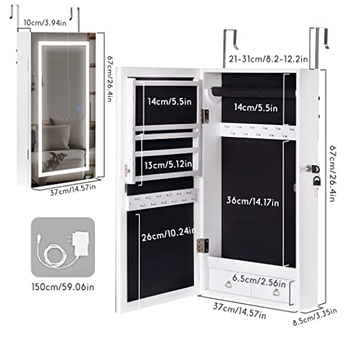 Lavievert WGSSG007-WHI Jewelry Armoire With Led Lighted Mirror, Wall/Door Mounted Frameless Mirror thumb #5