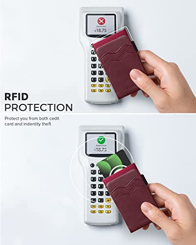 Image of VULKIT Credit Card Holder Minimalist Slim Pop Up Wallet with Leather Slots RFID Blocking for Men and Women Holds 7 Cards and Notes Wine