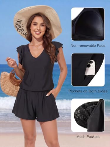 Image of Smismivo Swim Romper with Built in Bra and Pockets Swim Dress Modest One Piece Swimsuit Full Coverage Bathing Suit