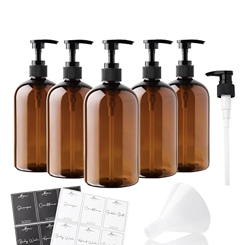 Image of Alora 5-in-1 Apothecary Bottles for Home & Commercial Use - 16oz Elegant 8.5x3in Refillable Amber Shampoo Storage, Handwash, Massage Oils - Includes 24 Waterproof Labels, Bonus 2CC Pump & Funnel