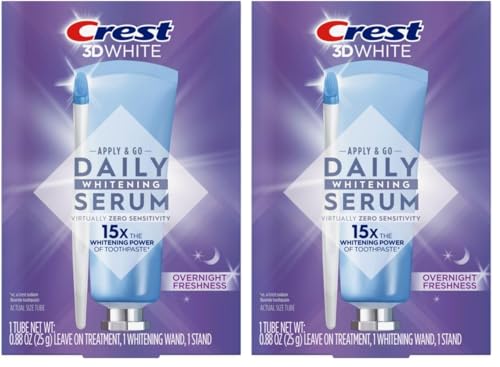 Crest Whitening Emulsions Leave-On Teeth Whitening Gel Kit + Overnight Freshness with Wand Applicator and Stand, Apply & Sleep, 0.88 Oz (Pack of 2)
