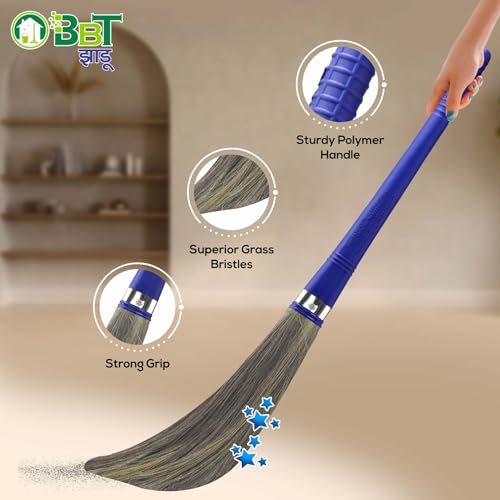 Image of BBT Phool Jhadu | Natural Grass Broom Stick for Home Cleaning | Eco-Friendly Long Handle Jhadu | Anti Dust, Lightweight & Durable Pack of- (2, XL)