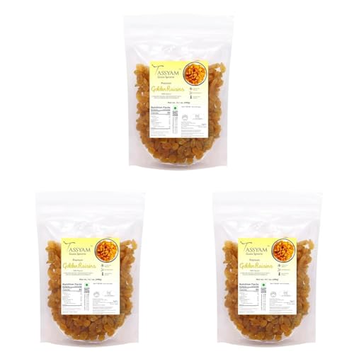 Image of Tassyam Seedless Golden Raisins 400g | Hand-Sorted Healthy Juicy Jumbo Indian Kishmish Pouch (Pack of 3)