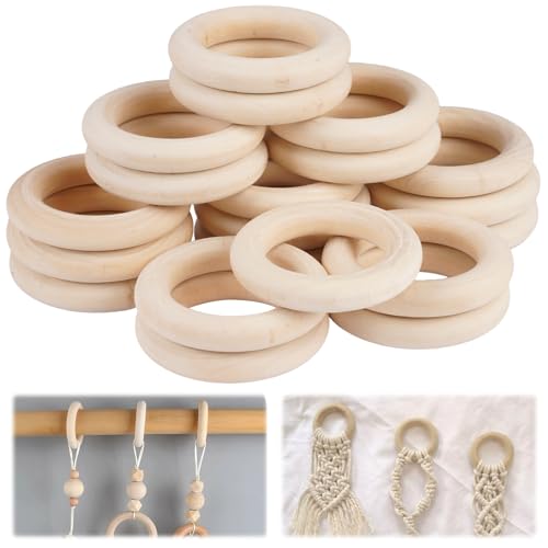 Cercles en Bois Naturel 20 Pièces 5.5cm, Anneaux Ronds Percés pour Macramé, Rideaux,...