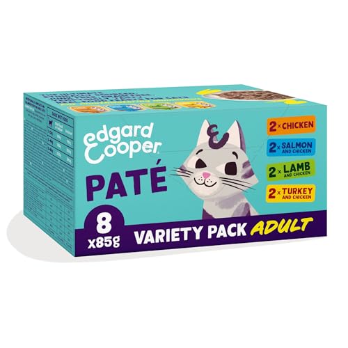 Edgard Cooper cibo umido per gatti, Paté Multipack (Tacchino/Pollo/Salmone/Agnello, 8 x 85g), sterilizzati o attivo, ingredienti naturali, senza cereali, senza zuccheri aggiunti
