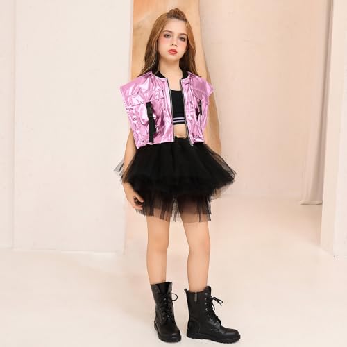 Image of Perfashion Girls Vest Cropped Cargo Metallic Jacket Buckle Zip Up With Pockets Streetwear Outfit 4-13Y