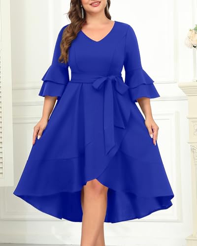 Image of Plus Size Wedding Guest Dress - Double Bell Sleeve High Low Split Dresses