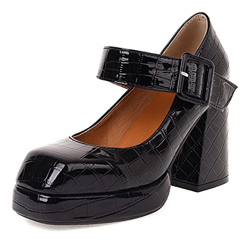 UniqueStride Women's Chunky High Heels Square Toe Platform Mary Janes Pumps Buckle Strap Shoes