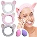 YMHPRIDE Spa Diadema - 3 piezas de diadema con orejas de gato para niñas, mujeres, encantadora y suave diadema elástica de Carol con esponja de maquillaje, juego de licuadora