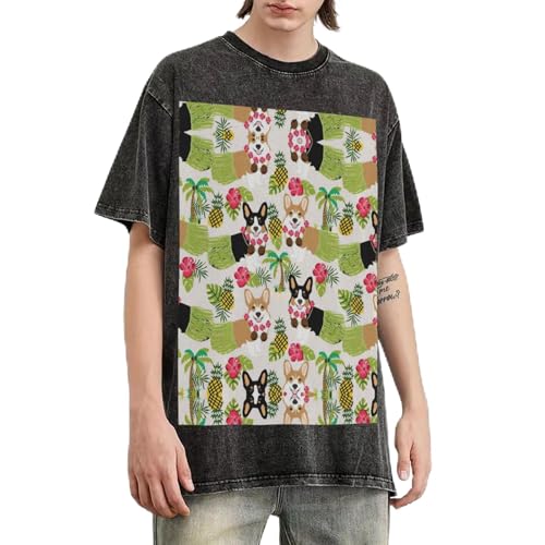 T-shirt Corgi et Fleurs Tropicales Homme Surdimensionné Coton