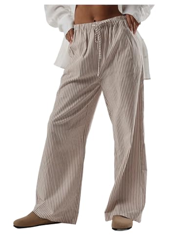 SOLY HUX Women's Striped Linen Pants Drawstring High Waisted Wide Leg Pants Baggy Long Trousers with Pockets3