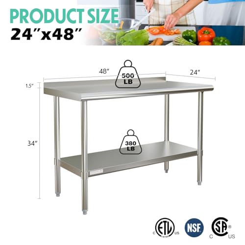 Image of STABLEINK NSF Stainless Steel Table 48x24 Inches 4ft, Metal Prep & Work Table with Backsplash and Adjustable Undershelf, for Commercial Kitchen, Restaurant, Hotel, Laundry and Garage