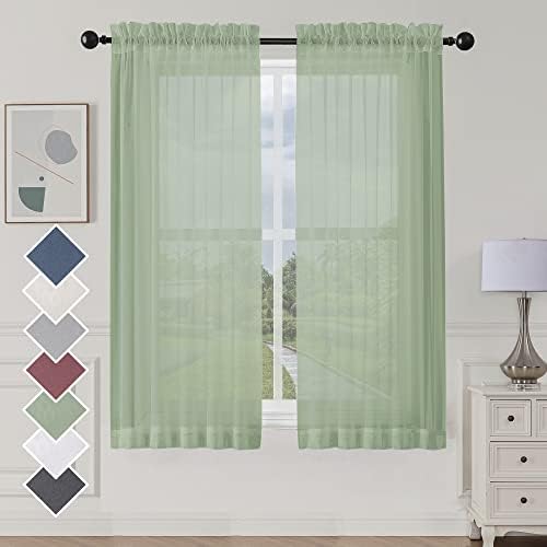 Aiyufeng Sage Green Sheer Curtains 63 inch Length 2 Panels Set for Farmhouse Kitchen Room, Elegant Light Filtering Voile Window Treatments, Each is 40W x 63L Inches