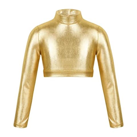iiniim Mädchen Tops Wetlook Metallic Bauchfreies Crop Tops Oberteil Rollkragen Langarm Shirt Ballett Trikot Jazz Tanzkleidung Gr.110-164 Gold 10 Cover