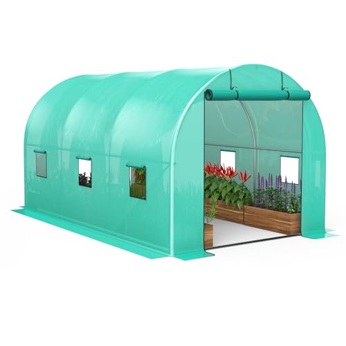 Gewächshaus mit Stahlfundament und Folienabdeckung, mit 2 Tür und 6 Fenstern, 250x400x220 cm, Gartentunnel mit Rahmen aus verzinktem Stahl, Erdanker Gitternetzfolie, Grün Gewächshaus mit Stahlfundament und Folienabdeckung, mit 2 Tür und 6 Fenstern, 250x400x220 cm, Gartentunnel mit Rahmen aus verzinktem Stahl, Erdanker Gitternetzfolie, Grün