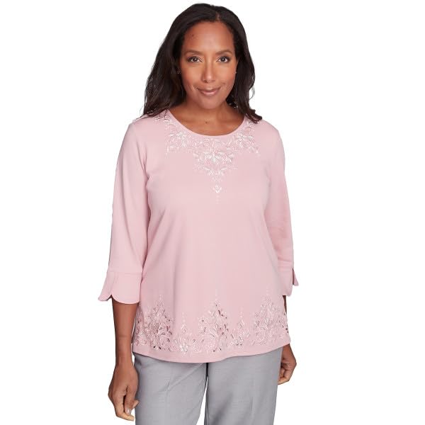 Image of Alfred Dunner Women's Estate of Mind Lace Cutout Split Sleeve Top, X-Large Pink