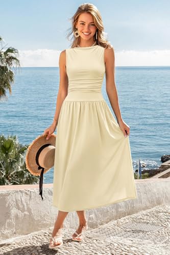 Image of Womens Summer Casual Midi Maxi Dress 2026 Sleeveless Ruched A Line Flowy Cocktail Wedding Guest Beach Long Sundress