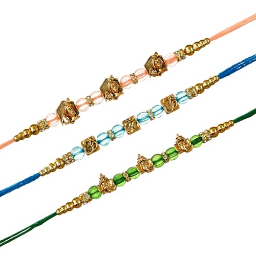 Image of eCraftIndia Set of 3 Om Ganesha Krishna Beads Designer Rakhis | Best Bro Ever Fridge Magnet | Roli Chawal Pack | Rakhi for Brother Bhaiya Bhai Bhabhi Kids