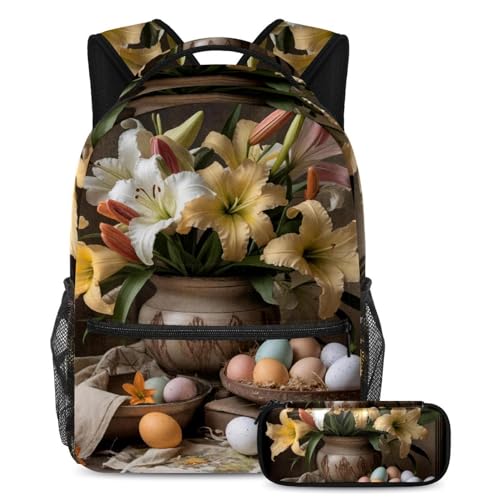 Sac à dos étudiants œufs de lys de Pâques multicolore avec trousse scolaire