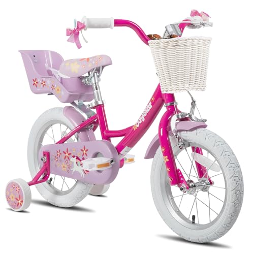 JOYSTAR Unicorn 14 Inch Kids Bike for 3-5 Years Girls Bike with Doll Seat Children Princess Bike with Training Wheels Basket Streamer Toddler Girls Bicycle Fuchsia
