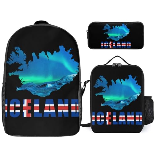 Iceland Flag Map Northern Lights Large Travel Backpacks Carry on Backpack Weekender Bag with 2 Storage Pockets for Men And Women