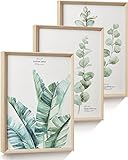 HesenDot A3 Bilder Mit Rahmen-Kein Plexiglas, Gerahmt Bilder Schlafzimmer 40x30CM MDF Framed Wood Wall Art, Botanical Prints for Bedroom Flower Green Leaf Artworks,Poster for Kitchen Bathroom Set of 3