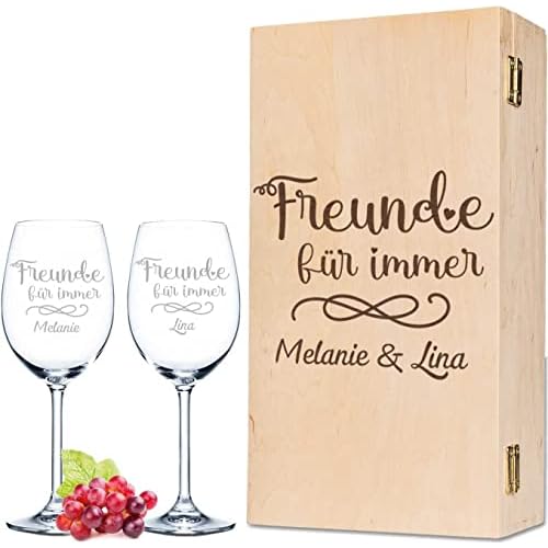 Leonardo Weingläser Geschenkset Freunde für immer mit Namens Gravur inkl. gravierter Vintage-Holzkiste - Geschenkset für die beste Freundin - Mädelsabend bei Gutem Wein