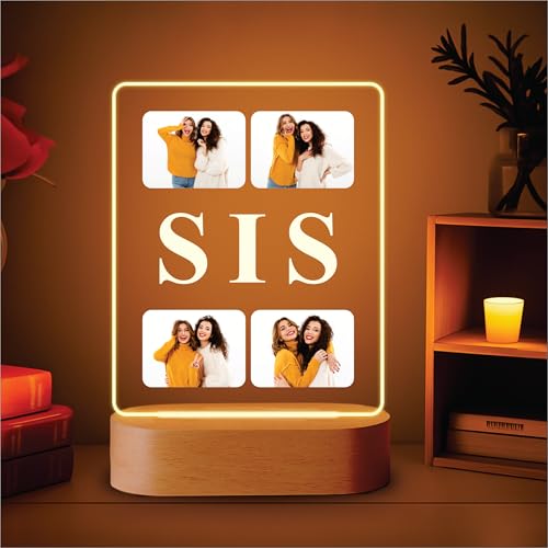 Image of Giftplease Personalised Sister Photo Frame - Custom Acrylic Picture Collage with Wooden LED Base, Unique Raksha Bandhan Gift for Sister, Personalized Keepsake for Rakhi, Best Sibling Desk Decor