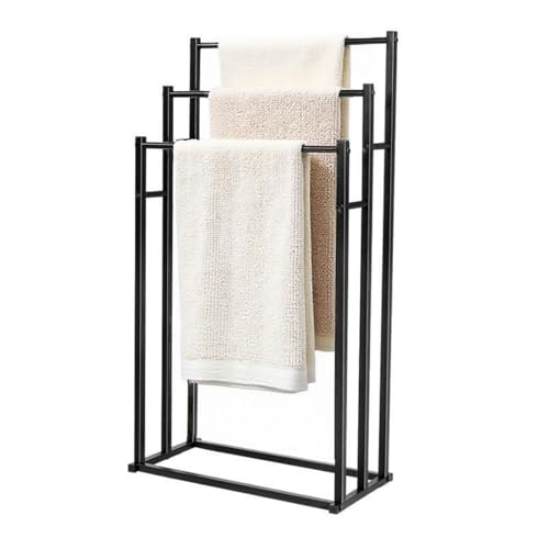 SKY-TOUCH 3 Tiers Metal Towel Rack : Freestanding Floor Towel Rack Stand Washcloths Drying Storage Display Rack for Bathroom Tub Shower Poolside (86 * 44 * 21cm Black)