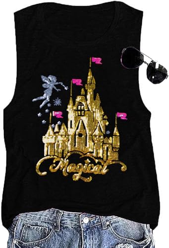 Magical Castle Tank Top Women: Magic Kingdom Shirts Cute Graphic Holiday Vest Summer Vacation Sleeveless Shirt