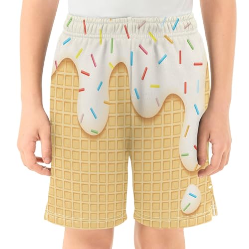 Waffles and Syrup Pattern Athletic Shorts with Zipper Pockets, Youth Boys Athletic Running Shorts for Summer2