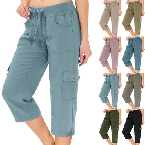 Women Cargo Capris Summer Casual Drawstring Capris Pants with Pockets Wide Leg Cropped Pants Outdoor Hiking Pants