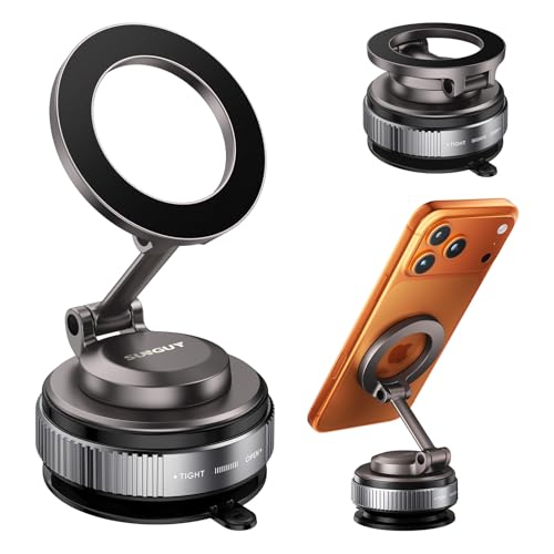 SUNGUY スマホホルダー 車 マグネット【2025最新型】5KG-真空ゲル吸盤 & 30N-最強磁力 Mag-safe対応 車載スマホスタンド カー用品 360°調整可能 片手操作 携帯スタンド 1秒で着脱 磁石リング付き ケース対応 高級亜鉛合金 車用品 iPhone12-17&Android多機種に対応