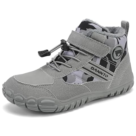 Dannto Kids Winter Snow Boots Boys Girls Wide Toe Box Warm Barefoot Hiking Shoes Fur Lined Outdoor Ankle Walking Boots Grey Size 1 Cover