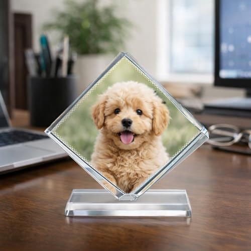 Image of Rangoli Personalized Crystal Photo Frame 10 x 10 cm Square Diamond Cut Glass Frame with Base Custom Photo Gift Premium Table Top Decor. D-11