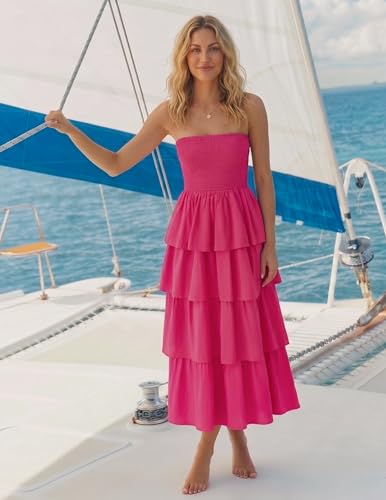 Image of ZESICA Women's Summer Boho Strapless Maxi Dress 2026 Casual Sleeveless Off Shoulder Smocked Tiered Beach Long Sundress