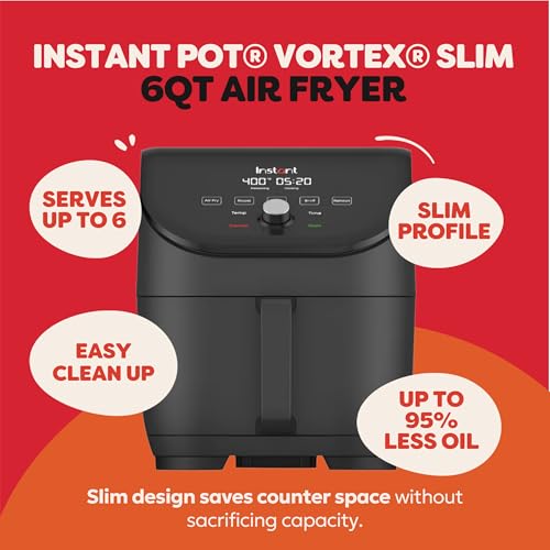 Image of Instant Pot Vortex Slim 6QT Air Fryer that Crisps, Roasts, Reheats, Bakes, Broils & is Quiet, Space Saving, Nonstick, Dishwasher-Safe, 100+ In-App Recipes, from the Makers of Instant Pot, Black