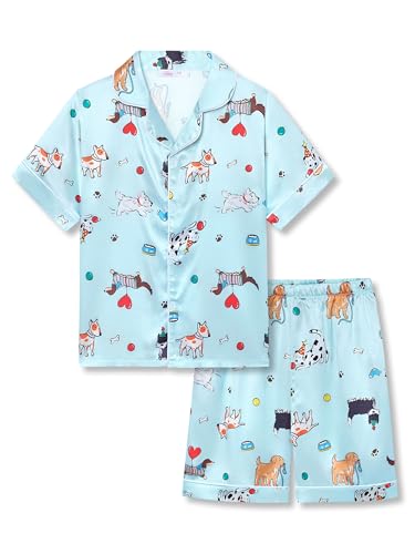 Tebbis Satin Pajamas for Girls-Cute Pink Silky Short-Sleeved Shorts Set with Adorable Puppy Prints Size 6/7-16